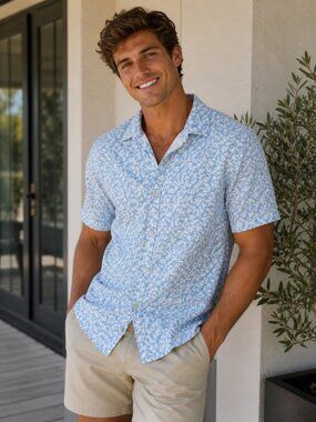 Jack Maverick Blue White Floral Button Down Shirt Men’s Large Short Sleeve Casua